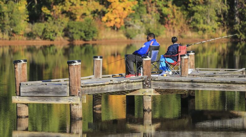 John and Kimberly Bridges from Fairburn hit Lake Kedron in Peachtree City on Wednesday, Oct. 26, 2016, in search of bass, brim and catfish. The Bridges said they like to come twice a week and enjoy the quiet. They also noticed the water level is down because of the drought. “It’s noticeably lower, ” John Bridges said. Lake Kedron Reservoir in Peachtree City is a 240-acre lake and is owned by Fayette County. It is one of three lakes in the city. JOHN SPINK / JSPINK@AJC.COM
