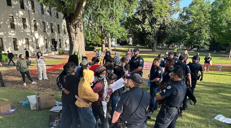Students and others protesting Israel's war in Gaza gathered on the campus of the University of Georgia in Athens on Monday, April 29, 2024. (Fletcher Page/The Atlanta Journal-Constitution/TNS)