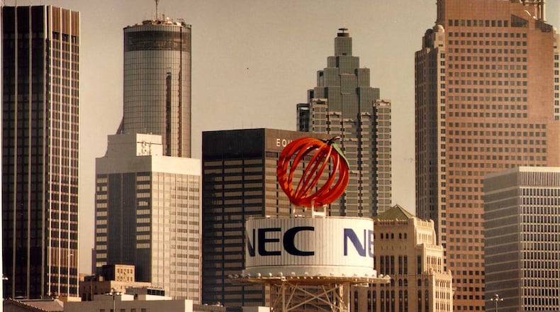 The peach tower atop the IBEW building, near the Downtown Connector, in 2004.