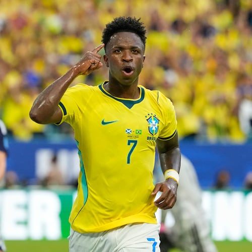 Brazil's Vinicius Junior (7) celebrates after scoring his side's second goal during the World Cup Group C soccer match between Scotland and Brazil in Miami Gardens, Fla., Wednesday, June 24, 2026. (AP Photo/Rebecca Blackwell)
