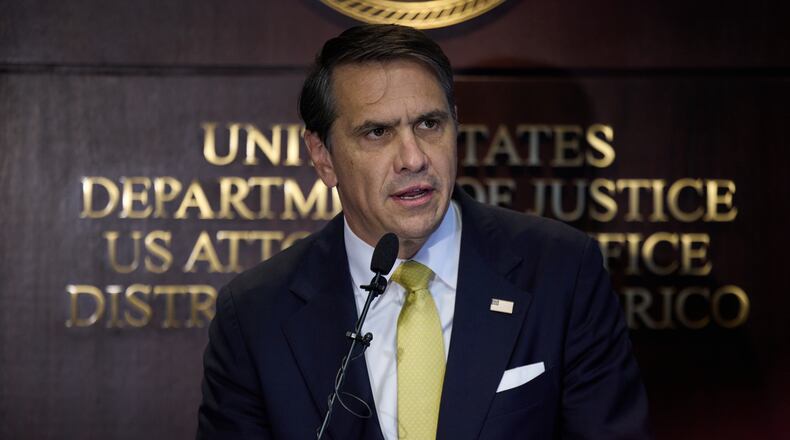 U.S. Attorney General Todd Blanche gives a press conference about people charged in the takedown of Puerto Rican drug gang "Los Baja Deo" (LBD) in San Juan, Puerto Rico, Thursday, Aug. 27, 2026. (AP Photo/Stephanie Rojas)