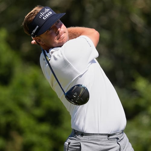 Keith Mitchell watches his tee shot on the sixth hole during the final round of the U.S. Open golf tournament at Shinnecock Hills Golf Club in Southampton, N.Y., Sunday, June 21, 2026. (AP Photo/David J. Phillip)