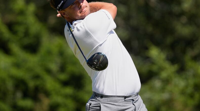 Keith Mitchell watches his tee shot on the sixth hole during the final round of the U.S. Open golf tournament at Shinnecock Hills Golf Club in Southampton, N.Y., Sunday, June 21, 2026. (AP Photo/David J. Phillip)