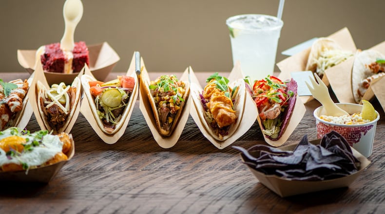 Red Velvet Tacos , Kick Ass Margarita on the rocks, and Red Velvet Cake. Photo credit- Mia Yakel