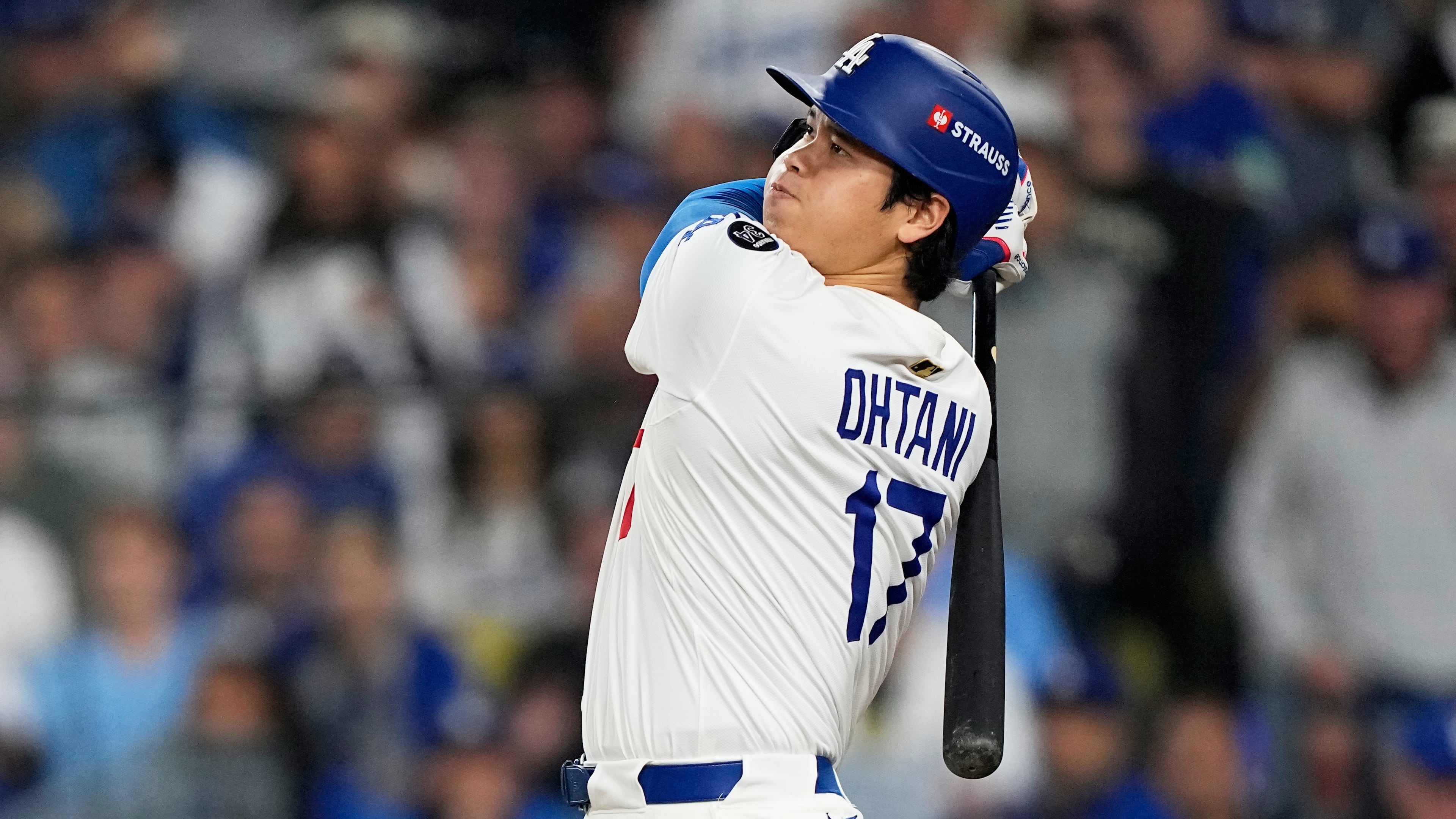 FILE - Los Angeles Dodgers' Shohei Ohtani watches his home run against the Toronto Blue Jays during the seventh inning in Game 3 of baseball's World Series, Monday, Oct. 27, 2025, in Los Angeles. (AP Photo/Brynn Anderson, File)