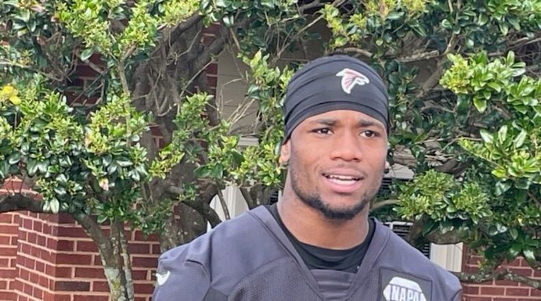 Falcos rookie cornerback Darren Hall chatting with the media after practice on Wednesday, Jan. 5, 2022.