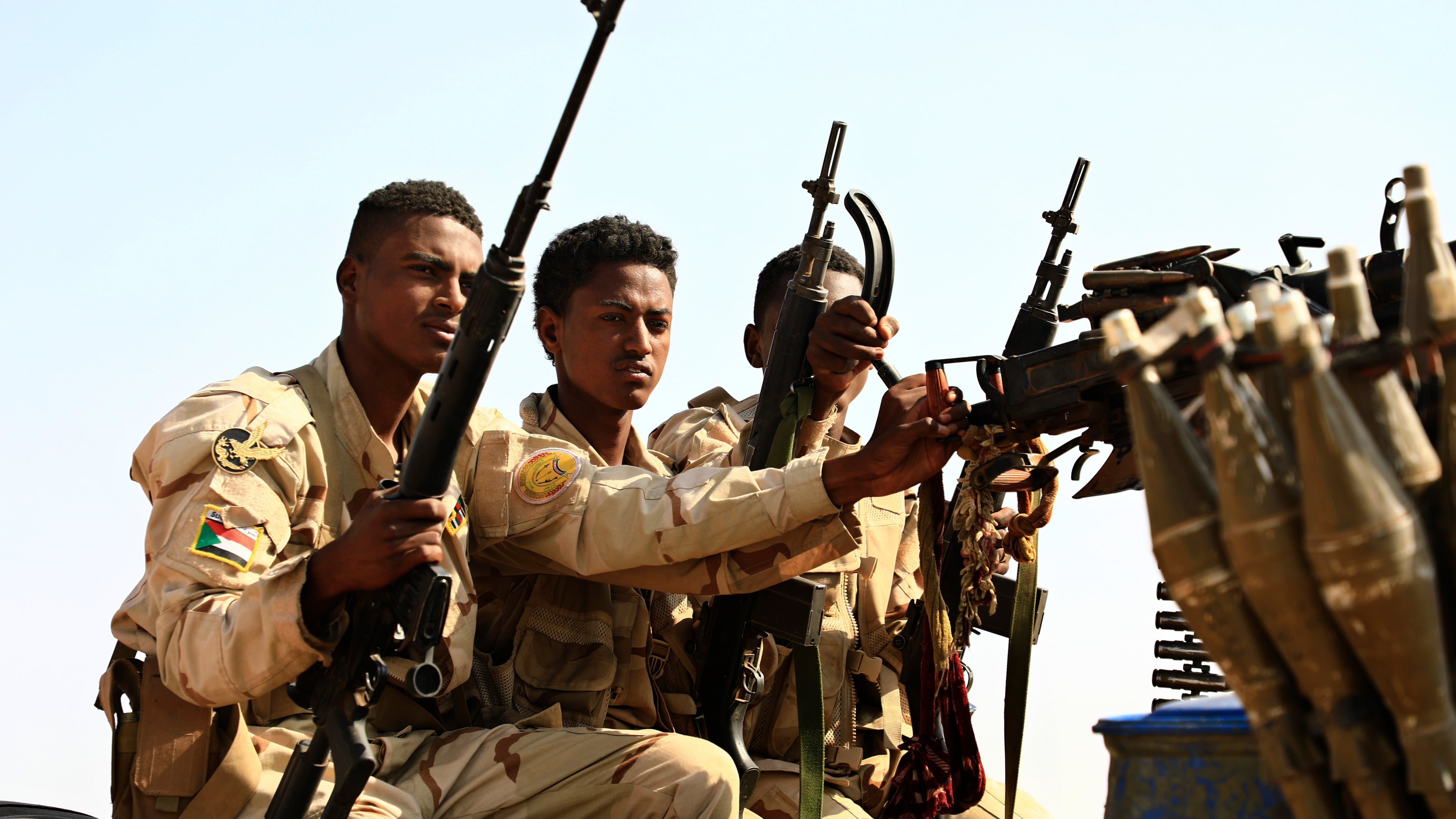 FILE - Sudanese soldiers from the Rapid Support Forces unit patrol during a rally for Dagalo, in Garawee town, north of Sudan, Saturday, June 15, 2019. (AP Photo)