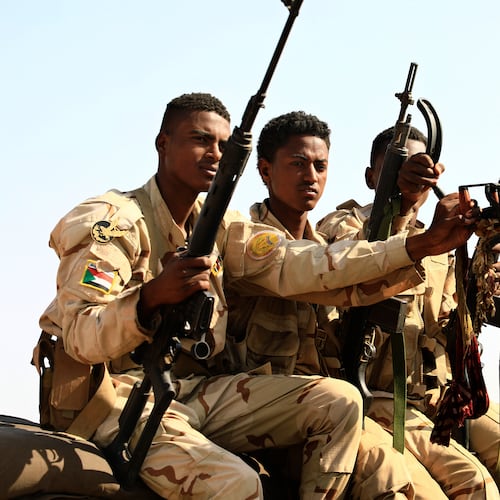 FILE - Sudanese soldiers from the Rapid Support Forces unit patrol during a rally for Dagalo, in Garawee town, north of Sudan, Saturday, June 15, 2019. (AP Photo)