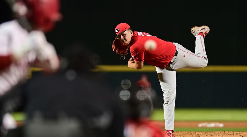 Georgia freshman Liam Sullivan (14) absolutely brought the heat against No. 1 Arkansas this past Friday, striking out 11 and giving the Bulldogs six scoreless innings before finally giving way to the bullpen in what was his first career start. (UGA Athletics)