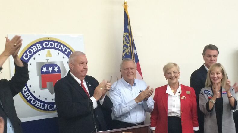 Georgia GOP chairman John Padgett, Gov. Nathan Deal, First Lady Sandra Deal, U.S. Senate candidate David Perdue and Bonnie Perdue at the Cobb GOP headquarters