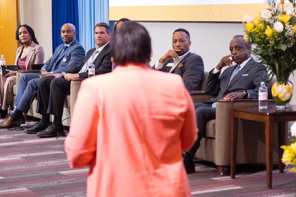 Democratic candidates for governor (from left) Keisha Lance Bottoms, Olu Brown, Geoff Duncan, Derrick Jackson and Michael Thurmond listen to Kimberly Gregory's question during a forum hosted by the Center for Strong Public Schools Action Fund at Morehouse College in Atlanta on Wednesday April 8, 2026. (Ben Gray for the AJC)
