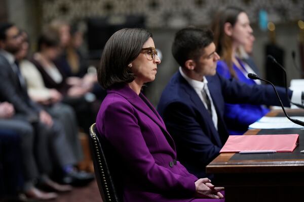 Former Justice Department attorney Liz Oyer testifies before the House and Senate Judiciary Committee members during a hearing on the Justice Department under President Donald Trump, on Capitol Hill in Washington, Monday, April 7, 2025. (AP Photo/J. Scott Applewhite)
