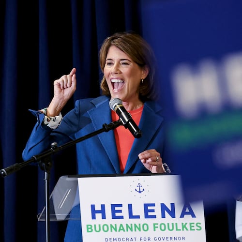 FILE - Candidate for Rhode Island governor Helena Buonanno Foulkes speaks during a Get Out the Vote event, Aug. 30, 2026, in Providence, R.I. (AP Photo/Mark Stockwell, File)