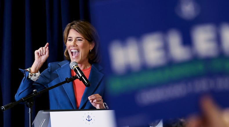 FILE - Candidate for Rhode Island governor Helena Buonanno Foulkes speaks during a Get Out the Vote event, Aug. 30, 2026, in Providence, R.I. (AP Photo/Mark Stockwell, File)