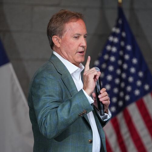 Texas Attorney General Ken Paxton, a Republican candidate for the U.S. Senate, speaks to supporters while campaigning for his primary runoff race Monday, May 18, 2026, in Dallas. (AP Photo/Julio Cortez)
