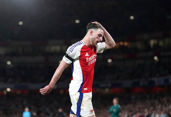 Arsenal's Declan Rice reacts during the Champions League semifinal first leg soccer match between Arsenal and Paris Saint-Germain at Emirates Stadium in London, England, Tuesday, April 29, 2025. (Adam Davy/PA via AP)