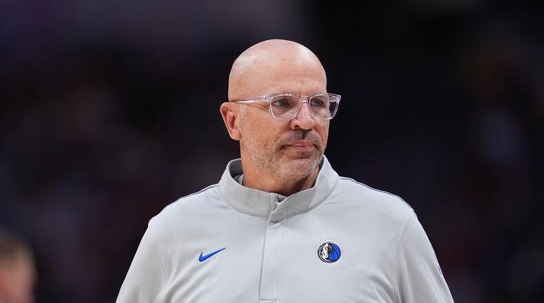 FILE - Dallas Mavericks head coach Jason Kidd is seen in the first half of an NBA basketball game, March 25, 2026, in Denver. (AP Photo/David Zalubowski, File)