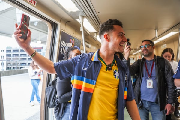 Joabe Barbosa takes a selfie at a station while attempting to set a Guinness World Record for the fastest time visiting every single MARTA station in Atlanta on Thursday, Jan. 8, 2026.  (Abbey Cutrer/AJC)