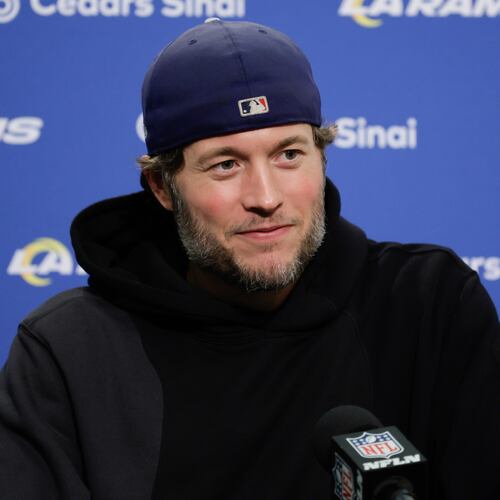 Los Angeles Rams quarterback Matthew Stafford speaks during a news conference after an NFL football game against the Seattle Seahawks, Thursday, Dec. 18, 2025, in Seattle. (AP Photo/John Froschauer)