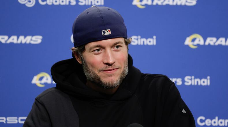 Los Angeles Rams quarterback Matthew Stafford speaks during a news conference after an NFL football game against the Seattle Seahawks, Thursday, Dec. 18, 2025, in Seattle. (AP Photo/John Froschauer)