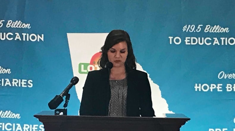 Lindsay McMichael speaks at a ceremony on June 20, 2018 at the Georgia state Capitol to celebrate the 25th anniversary of the Georgia Lottery, which funds the state's HOPE Scholarship and pre-kindergarten programs. McMichael participated in both programs. ERIC STIRGUS / ESTIRGUS@AJC.COM.