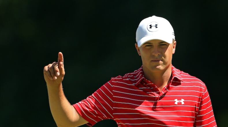Jordan Spieth reacts on the fifth green during the second round of play at The Barclays golf tournament Friday, Aug. 28, 2015, in Edison, N.J. (AP Photo/Adam Hunger)