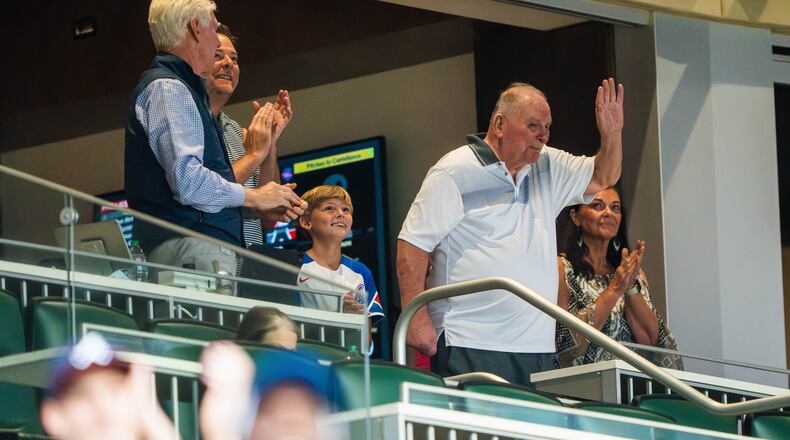 Former Braves manager Bobby Cox waves to fans at Truist Park Saturday. Photo: Matthew Grimes Jr./Atlanta Braves