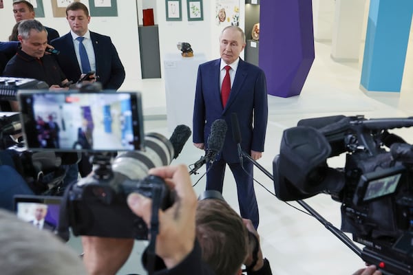 Russian President Vladimir Putin speaks to journalists after his phone talks with U.S. President Donald Trump at the Sirius Park of Science and Art outside Sochi, Russia, on Monday, May 19, 2025. (Vyacheslav Prokofyev, Sputnik, Kremlin Pool Photo via AP)