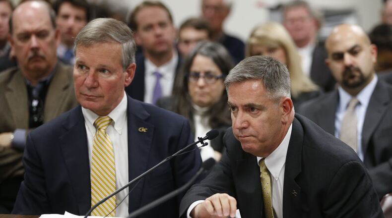 In January 2016, Georgia Tech president Bud Peterson (left) and Dean of Students John M. Stein were among the witnesses at a committee meeting, called by State Rep. Earl Ehrhart, chairman of the committee that allocates funds to Georgia’s colleges, that is reviewing the due process policies at all of Georgia’s colleges, but particularly Georgia Tech. BOB ANDRES / BANDRES@AJC.COM