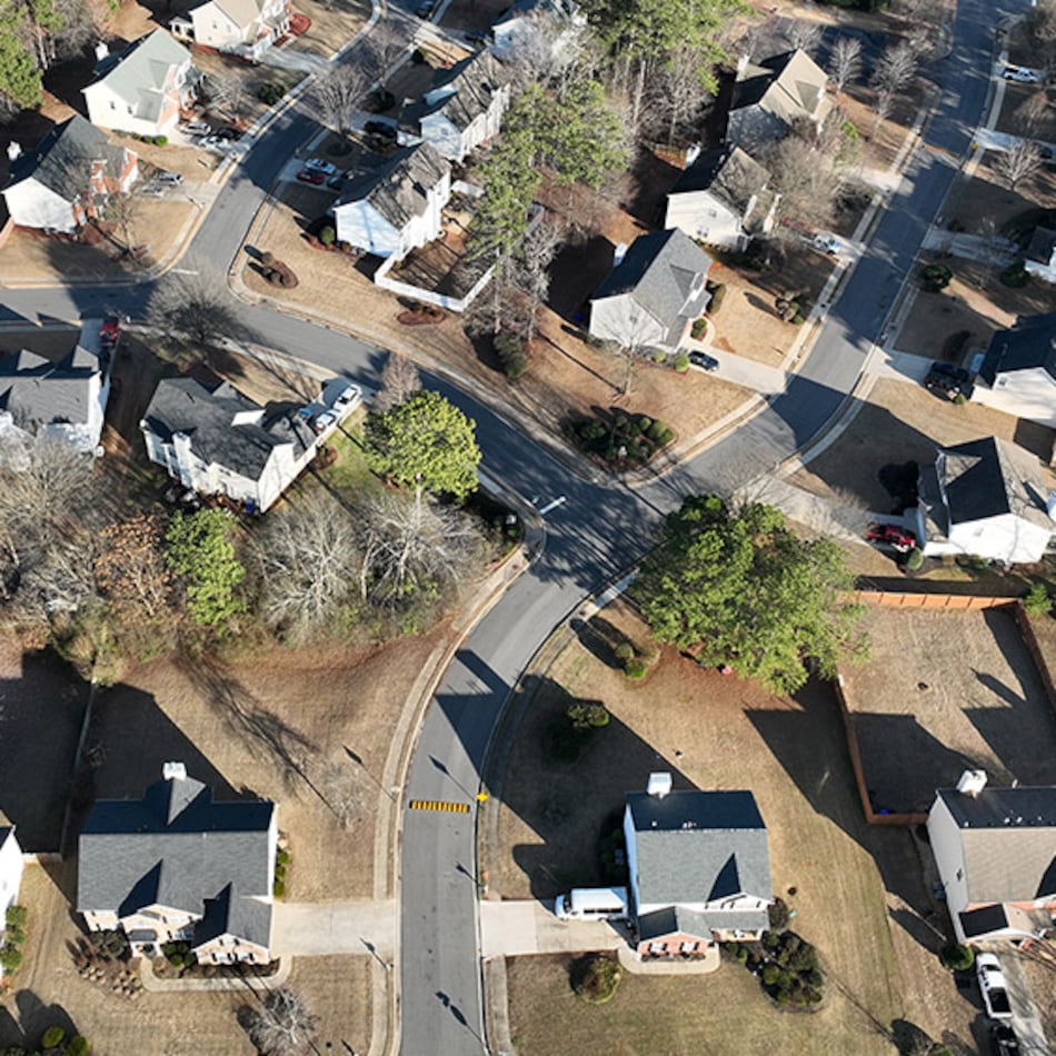Aerial view of Winslow at Eagles Landing neighborhood, where large number of homes are owned by investors, Thursday, Jan. 26, 2023, in McDonough. Two companies — Invitation Homes and Progress Residential — each own more than 10,000 homes in the metro Atlanta area as of, or near the end of, the 2nd quarter 2022. In fact, there are 11 companies with ties to private equity that own more than 1,000 homes, according to an AJC analysis. (Hyosub Shin / Hyosub.Shin@ajc.com)