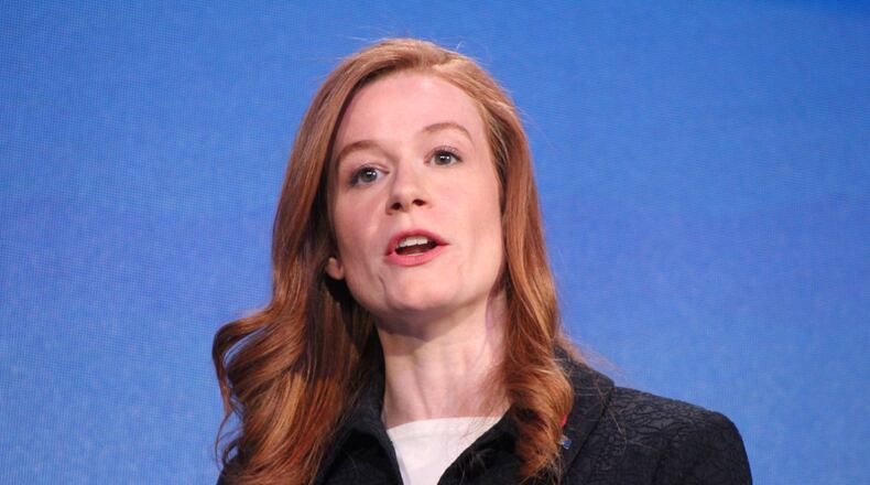 Michigan state Sen. Mallory McMorrow, D-Royal Oak, speaks during a debate between the Michigan Democratic candidates running for U.S. Senate on Thursday, May 28, 2026 on Mackinac Island, Mich. (Danielle James/The Flint Journal via AP)