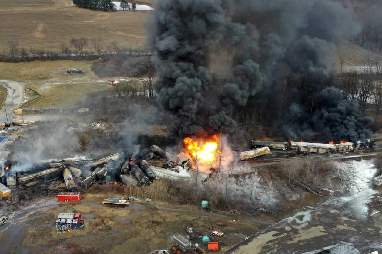 This photo taken with a drone shows portions of a Norfolk Southern freight train that derailed and burned in East Palestine, Ohio, in February 2023. (Gene J. Puskar/AP)