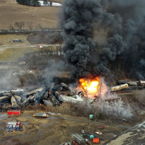 This photo taken with a drone shows portions of a Norfolk Southern freight train that derailed and burned in East Palestine, Ohio, in February 2023. (Gene J. Puskar/AP)