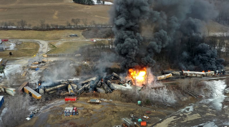 This photo taken with a drone shows portions of a Norfolk Southern freight train that derailed and burned in East Palestine, Ohio, in February 2023. (Gene J. Puskar/AP)