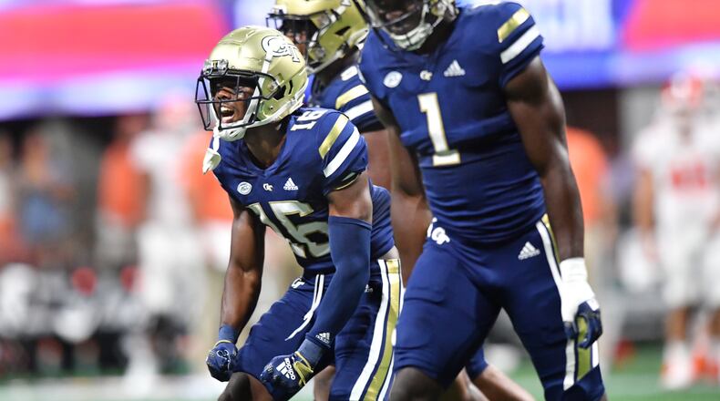 K.J. Wallace (16) has been an essential element of the remake of the Tech secondary after it lost starters Tariq Carpenter, Tre Swilling and Juanyeh Thomas to graduation and Wesley Walker to the transfer portal. (Hyosub Shin / Hyosub.Shin@ajc.com)