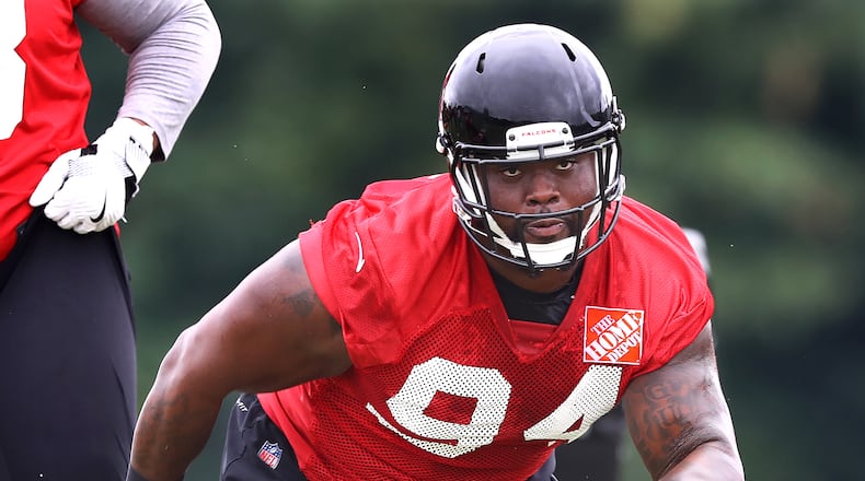 Rookie defensive tackle Deadrin Senat runs a drill the first day of mandatory mini-camp on Tuesday, June 12, 2018, in Flowery Branch. Curtis Compton/ccompton@ajc.com