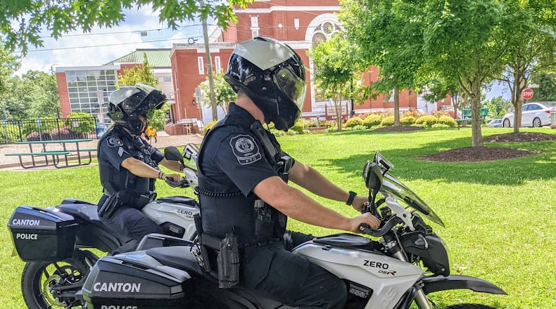 Canton Police has added electric motorcycles to its fleet. From left to right: Sgt. Mary Turner & Ofc. Michael Crowe. CONTRIBUTED