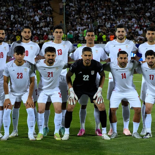 FILE - Irans's players pose for a team photo before an Asian group A qualifying soccer match against North Korea for the 2026 World Cup, June 10, 2025, at Azadi Stadium in Tehran, Iran. (AP Photo/Vahid Salemi, file)
