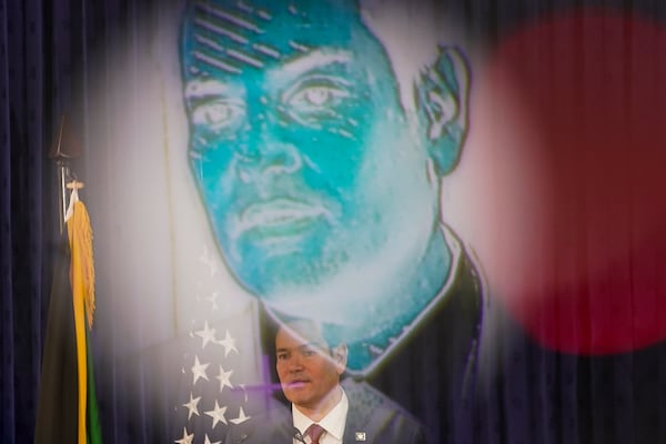 U.S. Secretary of State Marco Rubio, seen through the viewfinder of a camera, gives a press conference at the office of the prime minister in Kingston, Jamaica, Wednesday, March 26, 2025. (Nathan Howard/Pool Photo via AP)