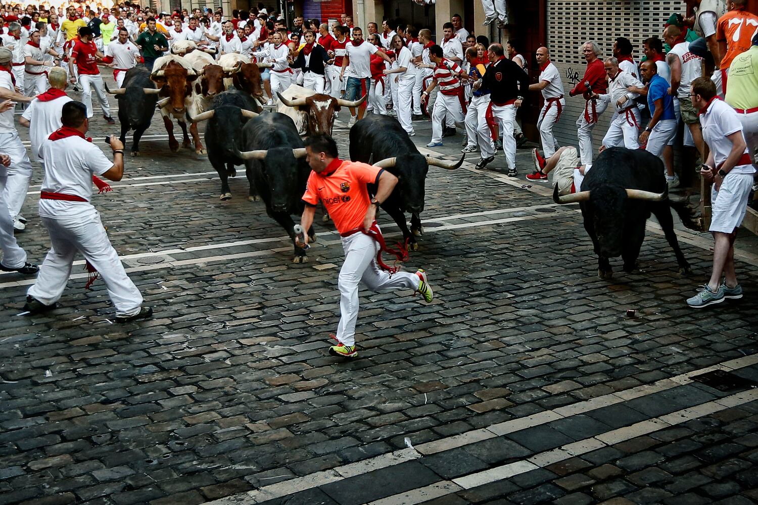 The running of the bulls at the San Fermin fiestas