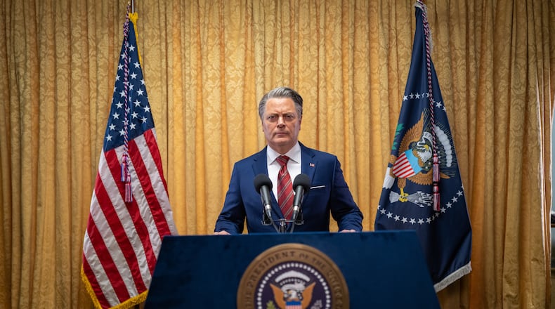 Nick Offerman plays an American president who declares war on a Western Forces alliance of California and Texas in "Civil War," now playing in Atlanta theaters.
(Courtesy of A24 / Murray Close)