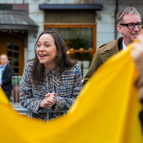 Nobel Peace Prize winner María Corina Machado with Deputy Leader of the Norwegian Nobel Committee Asle Toje, right, outside the Grand Hotel in Oslo, Friday Dec. 12, 2025. (Ole Berg-Rusten/NTB via AP)