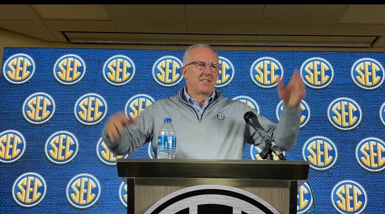 SEC Commissioner Greg Sankey briefs reporters on the day's proceedings at the SEC Spring Meetings Wednesday, May 31, at the Hilton Sandestin Beach Resort in Miramar Beach, Fla. (Photo by Chip Towers/ctowers@ajc.com)
