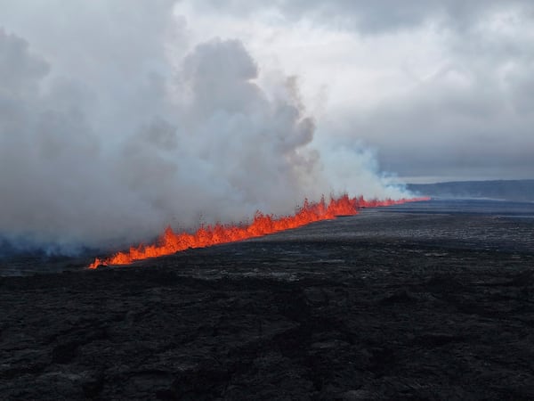 A view of the volcanic eruption by the Sundhnúkagigjarö íur volcano, in Grindavik, Iceland, Wednesday, July 16, 2025. (Department of Civil Protection and Emergency Management via AP)