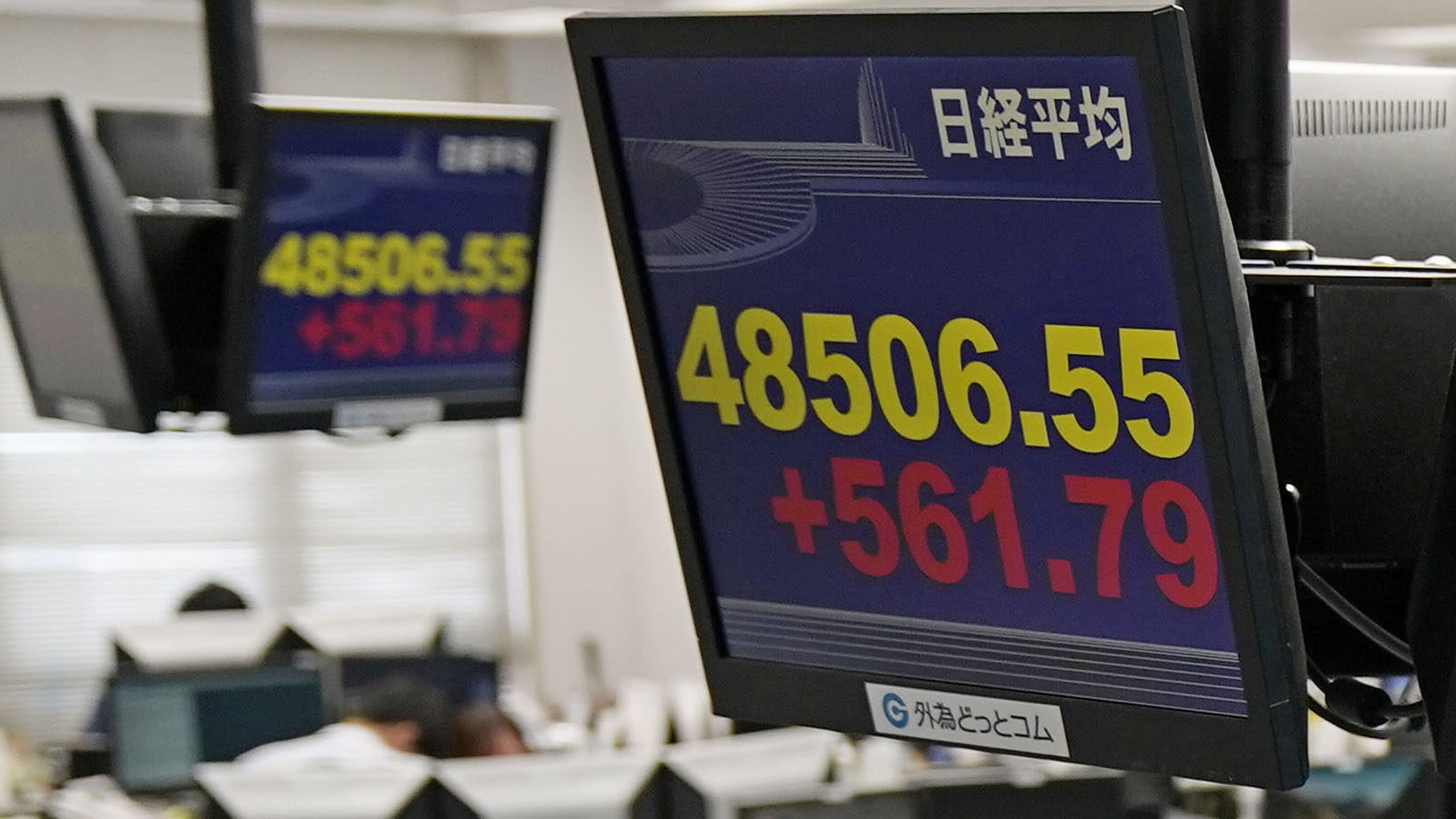 Electronic stock boards show Japan's Nikkei 225 index at a foreign exchange firm in Tokyo, Tuesday, Oct. 7, 2025. (Kyodo News via AP)