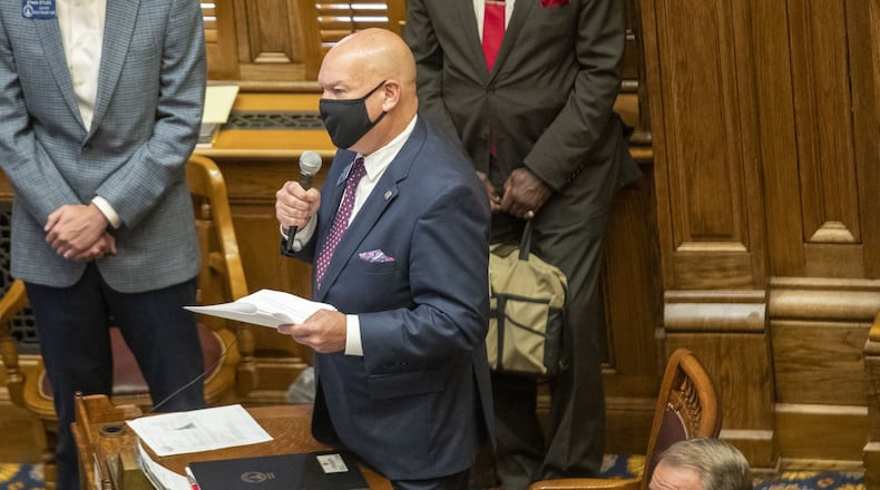 State Senate Majority Leader Mike Dugan, R-Carrollton, speaks from the floor in June. On Tuesday, he announced on Twitter that he had tested positive for the coronavirus and would "isolate at home until the virus passes." (ALYSSA POINTER / ALYSSA.POINTER@AJC.COM)