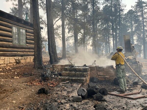 This photo provided by National Park Service shows the charred remains of a building at the North Rim of Grand Canyon National Park, in northern Arizona, on Sunday, July 13, 2025. (National Park Service via AP)
