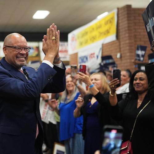 Gubernatorial candidate Aaron Ford, attorney general of Nevada, celebrates with attendees during a primary election night watch party after winning the Democratic nomination Tuesday, June 9, 2026, in Las Vegas. (AP Photo/Jae C. Hong)