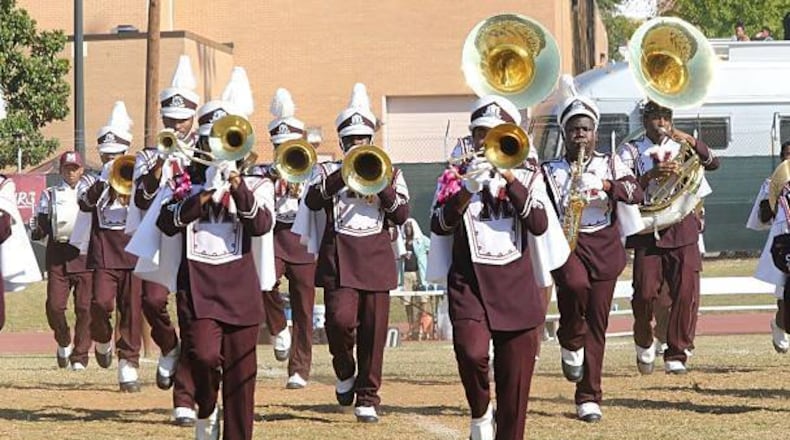Morehouse College's band performs during a past homecoming game in this AJC file photo. Morehouse is canceling homecoming activities this year due to a surge of COVID-19 cases in the state. The homecoming game will still be held Oct. 16, 2021. FILE