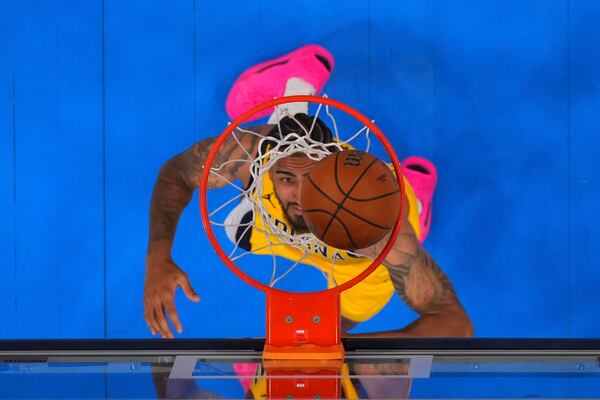 Indiana Pacers forward Obi Toppin (1) looks up at the hoop during the second half in Game 1 of the NBA Finals basketball series against the Oklahoma City Thunder Friday, June 6, 2025, in Oklahoma City. (Julio Cortez/Pool Photo via AP)